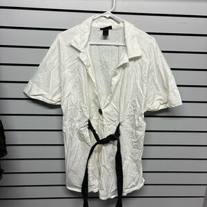Lane Bryant White Short Sleeve Jacket with Black Tie